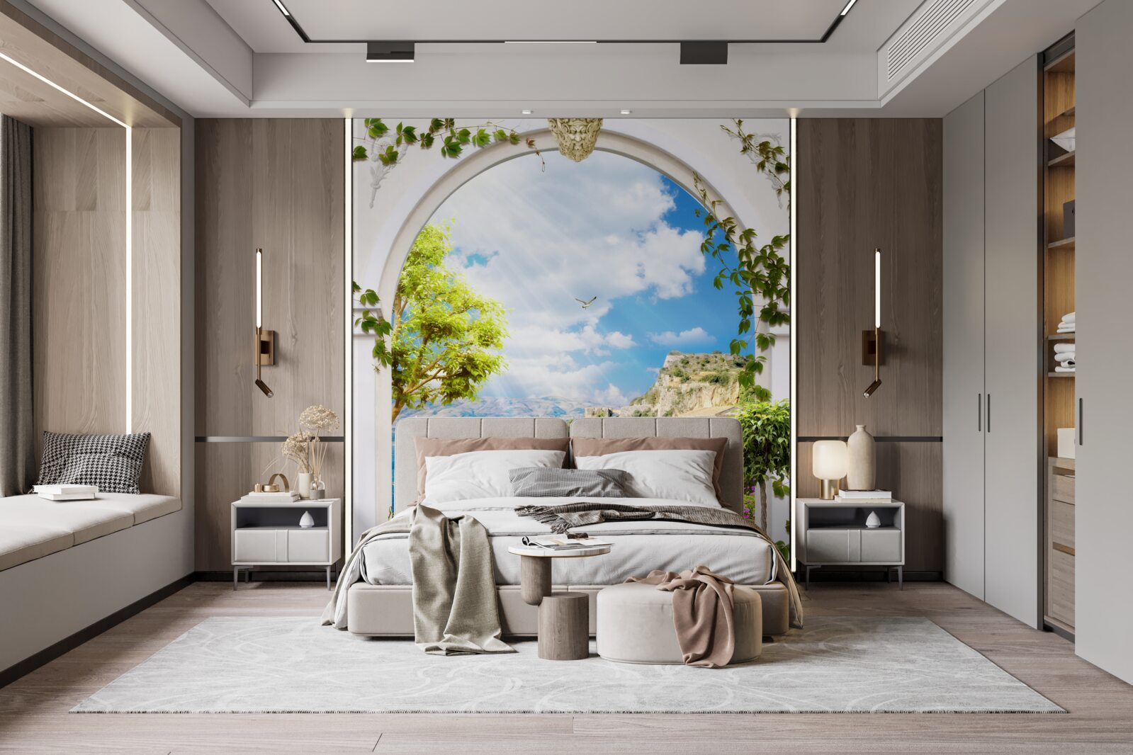 Fotobehang raam met uitzicht op de bergen en de zee