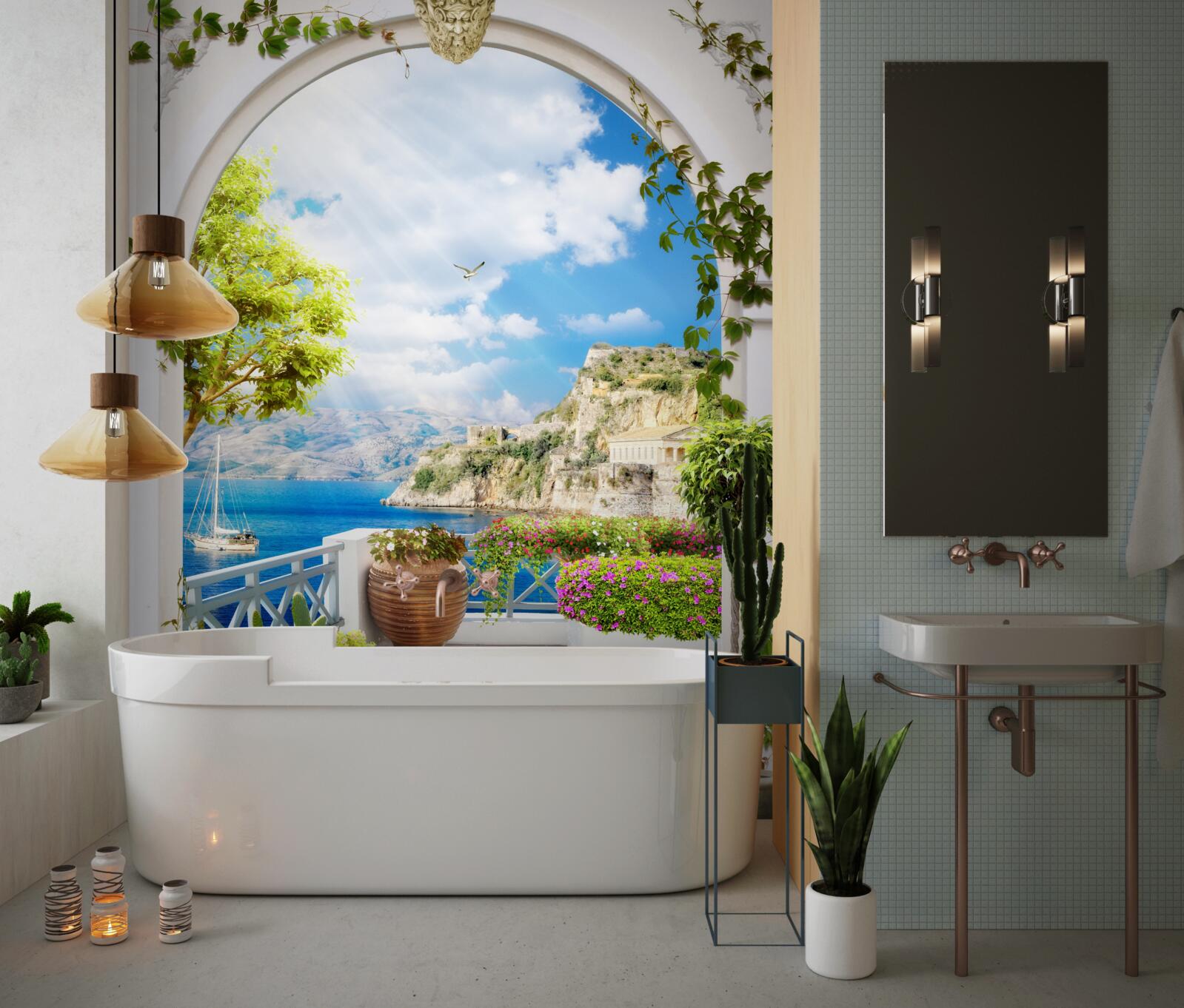 Fotobehang raam met uitzicht op de bergen en de zee