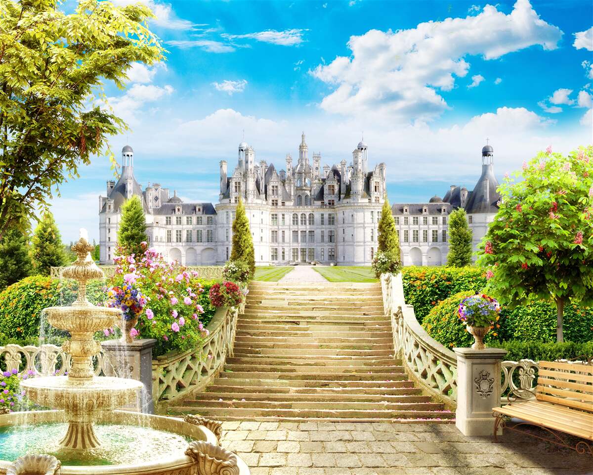 Fotobehang trappen naar het gazon bij het kasteel