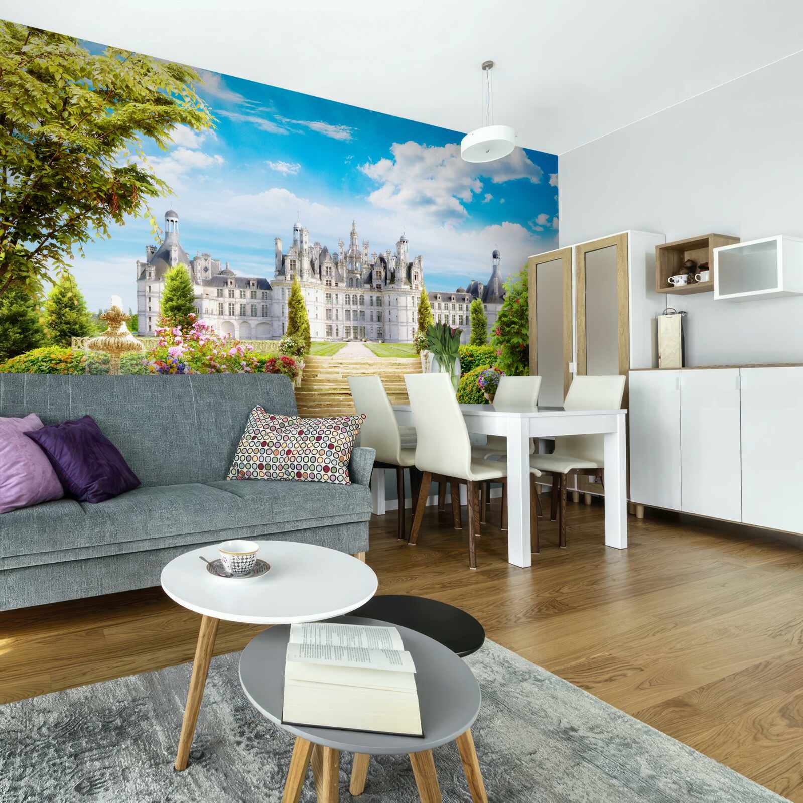 Fotobehang trappen naar het gazon bij het kasteel