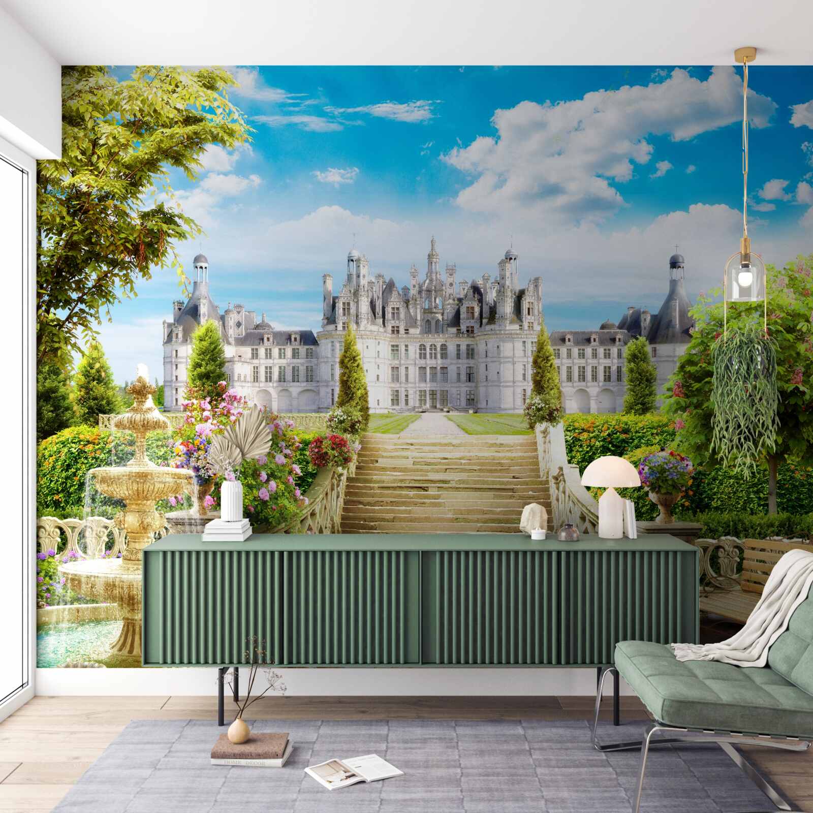 Fotobehang trappen naar het gazon bij het kasteel