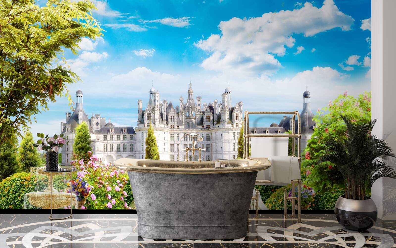 Fotobehang trappen naar het gazon bij het kasteel