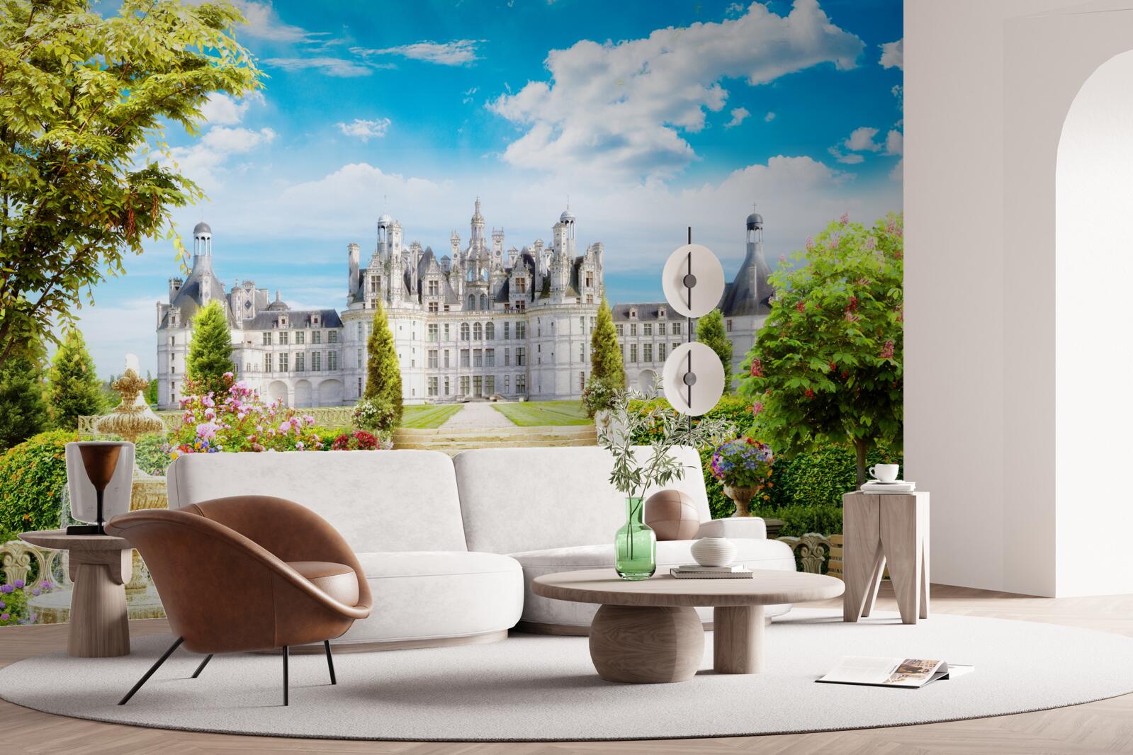 Fotobehang trappen naar het gazon bij het kasteel