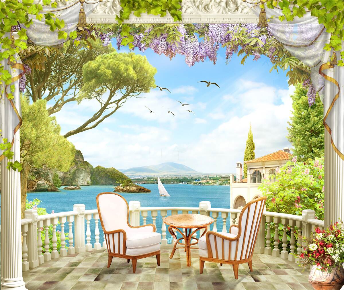 Fotobehang een paar stoelen met een tafel en uitzicht op de oceaan