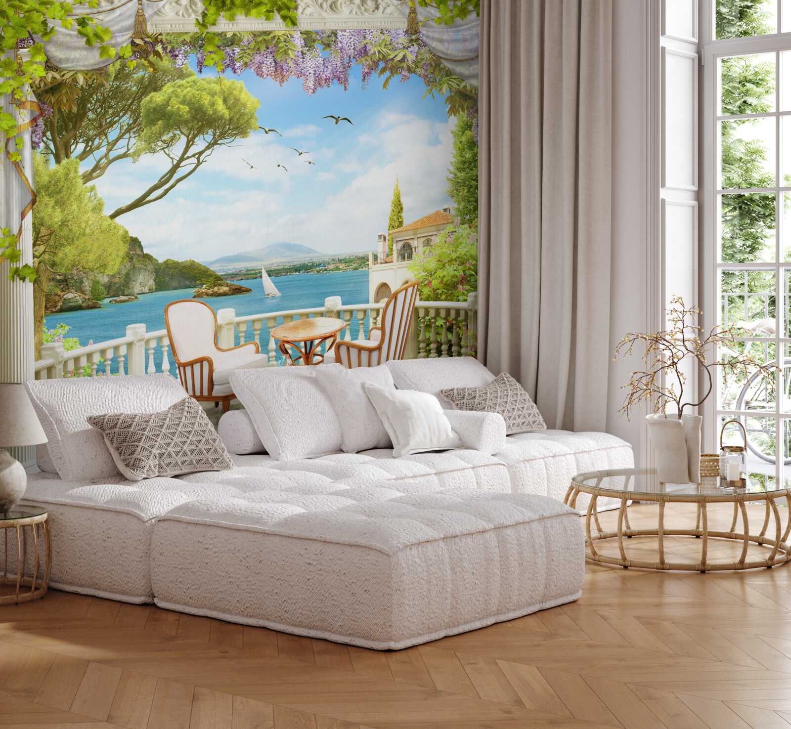 Fotobehang een paar stoelen met een tafel en uitzicht op de oceaan