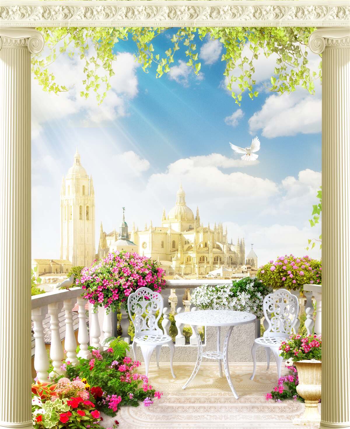 Fotobehang terras met een prachtig uitzicht op historische gebouwen