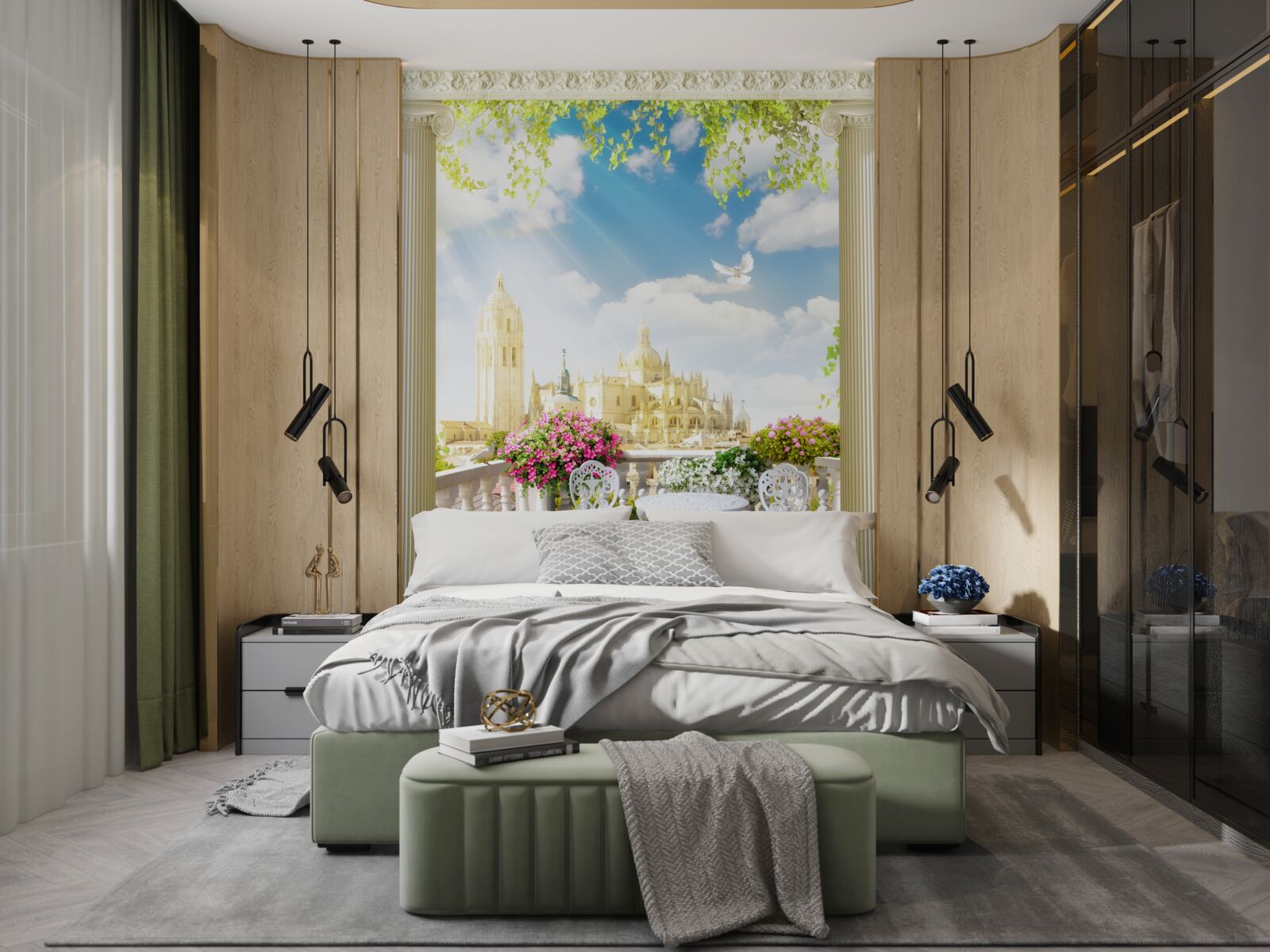 Fotobehang terras met een prachtig uitzicht op historische gebouwen