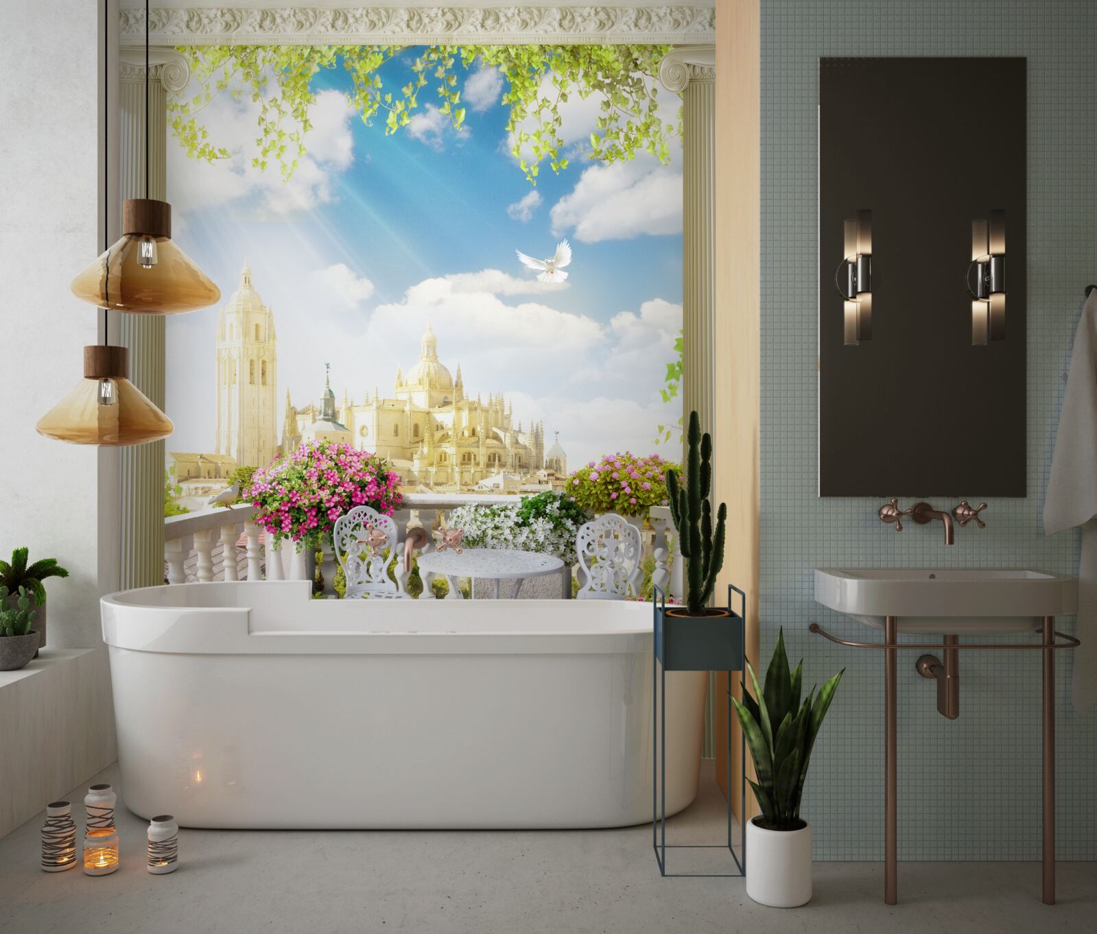 Fotobehang terras met een prachtig uitzicht op historische gebouwen