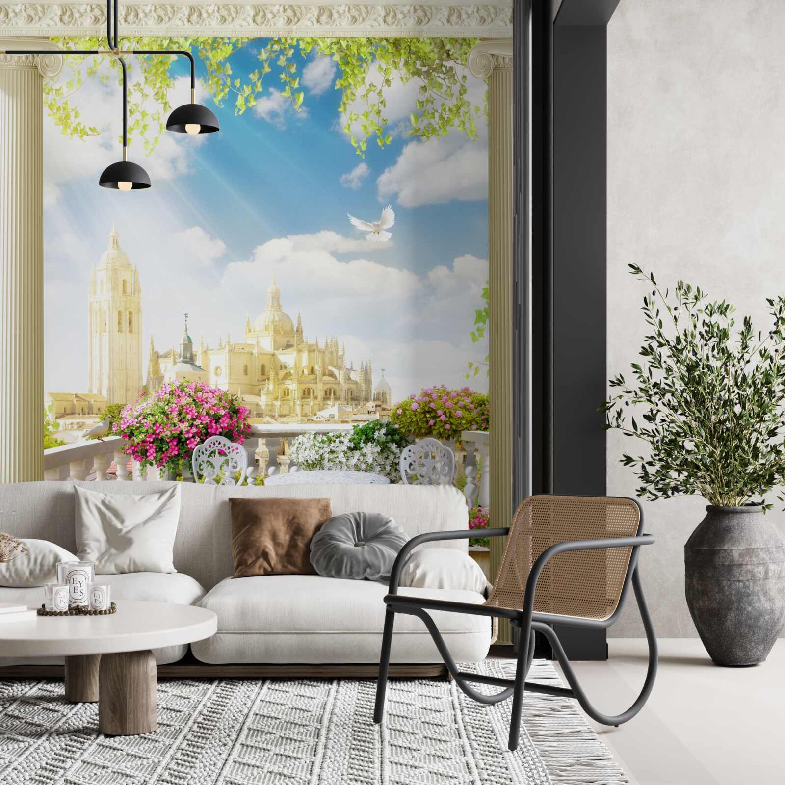 Fotobehang terras met een prachtig uitzicht op historische gebouwen