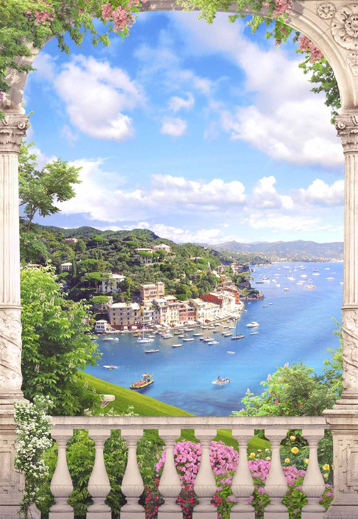 Fotobehang het terras biedt uitzicht op de stad en de zee