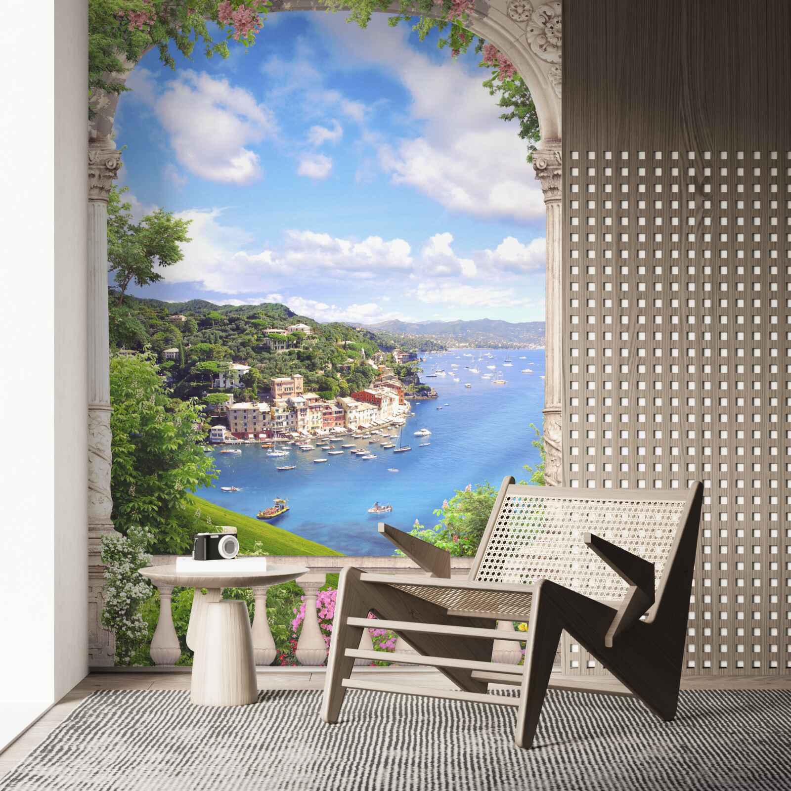 Fotobehang het terras biedt uitzicht op de stad en de zee