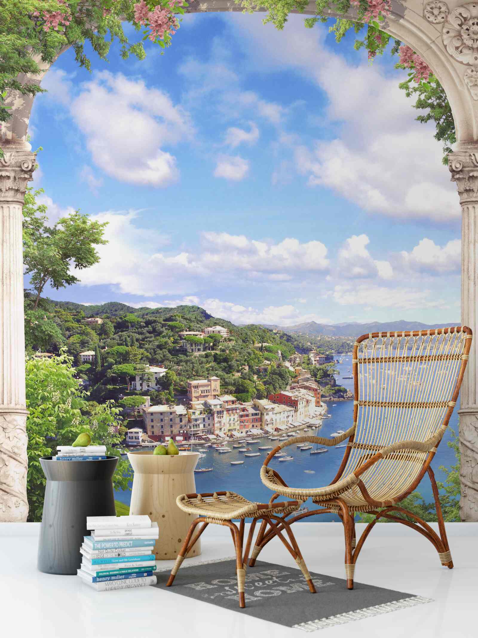 Fotobehang het terras biedt uitzicht op de stad en de zee