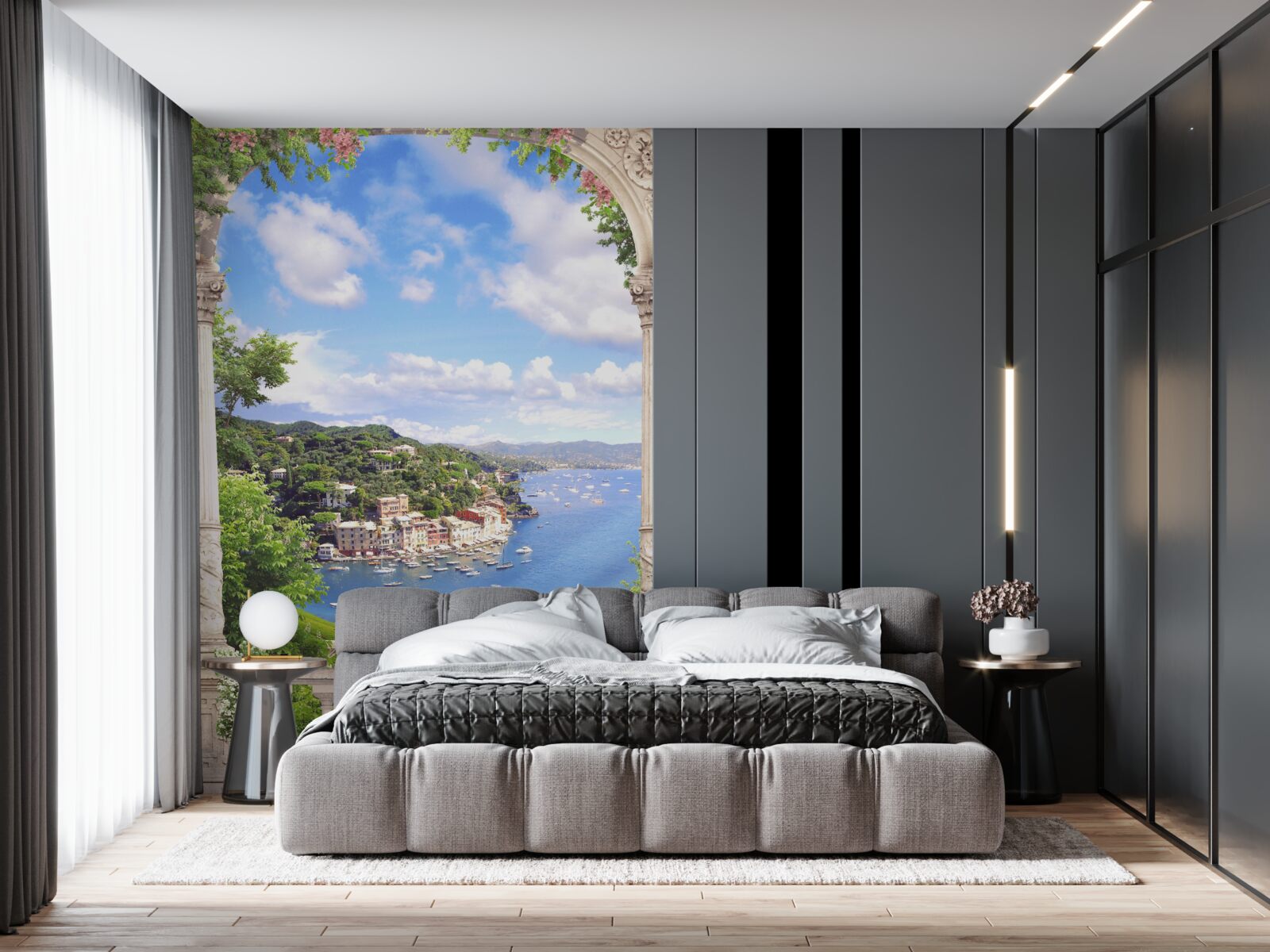 Fotobehang het terras biedt uitzicht op de stad en de zee