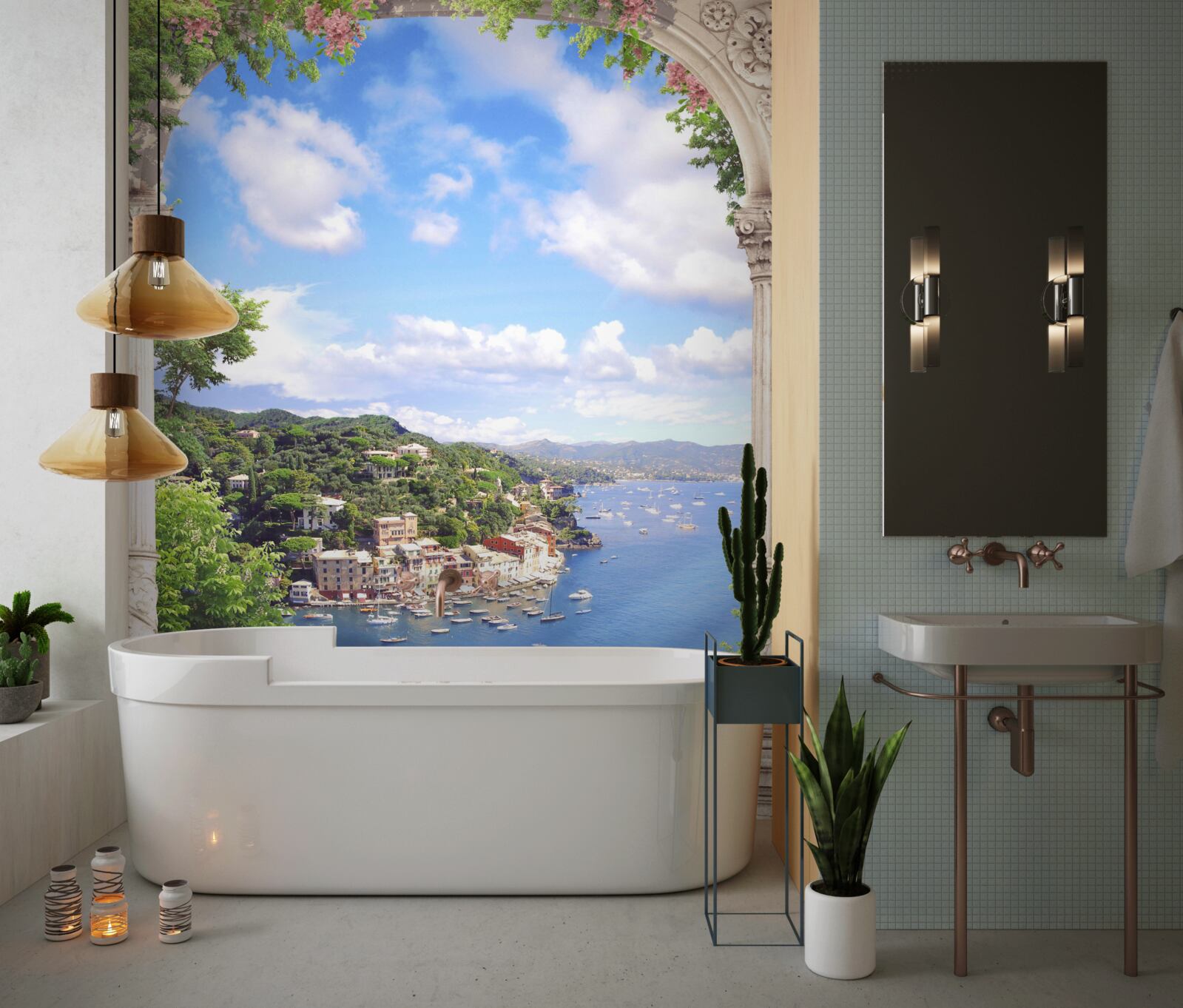 Fotobehang het terras biedt uitzicht op de stad en de zee