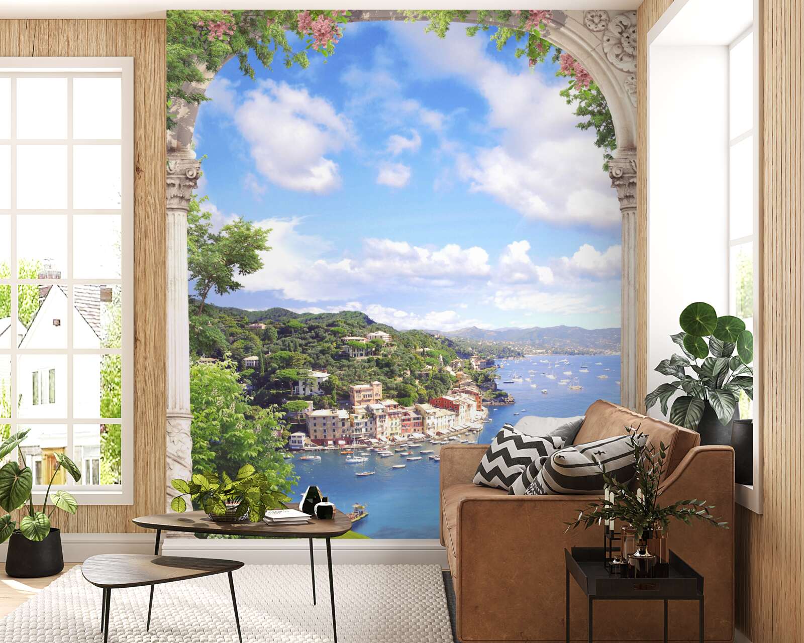 Fotobehang het terras biedt uitzicht op de stad en de zee