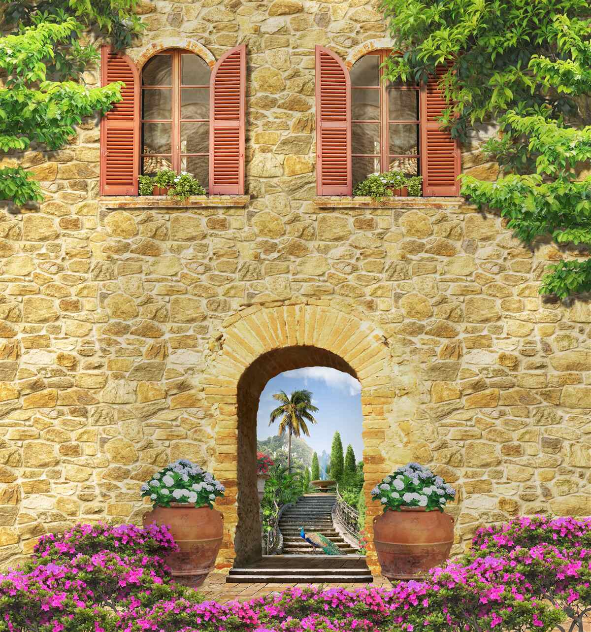 Fotobehang stenen huis met ramen