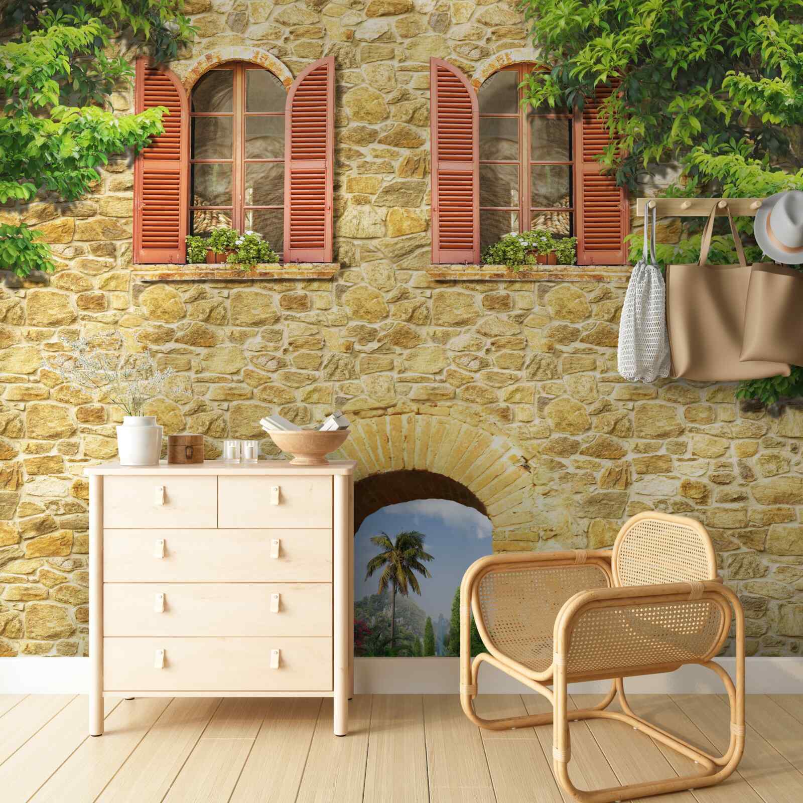 Fotobehang stenen huis met ramen