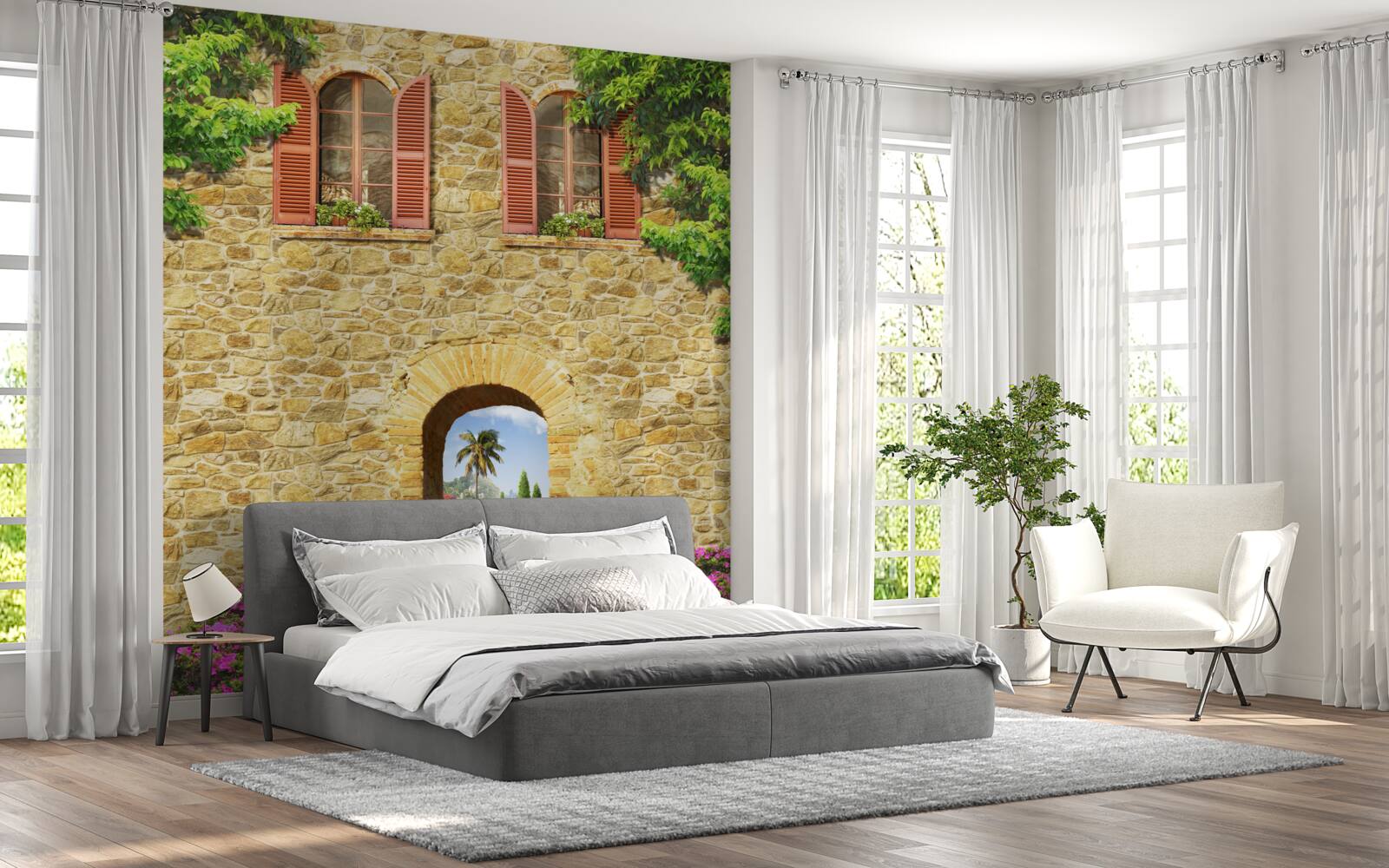 Fotobehang stenen huis met ramen