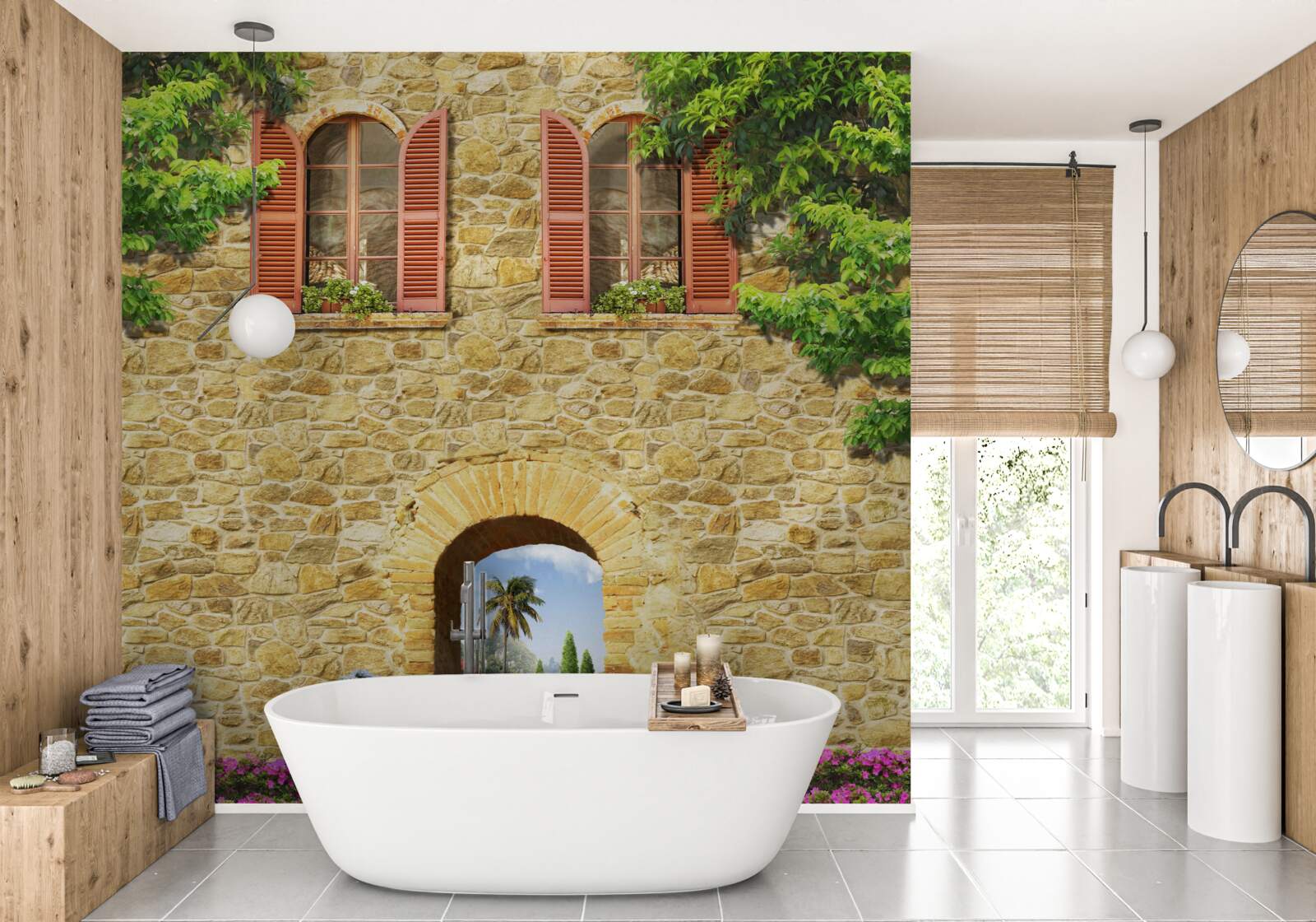 Fotobehang stenen huis met ramen