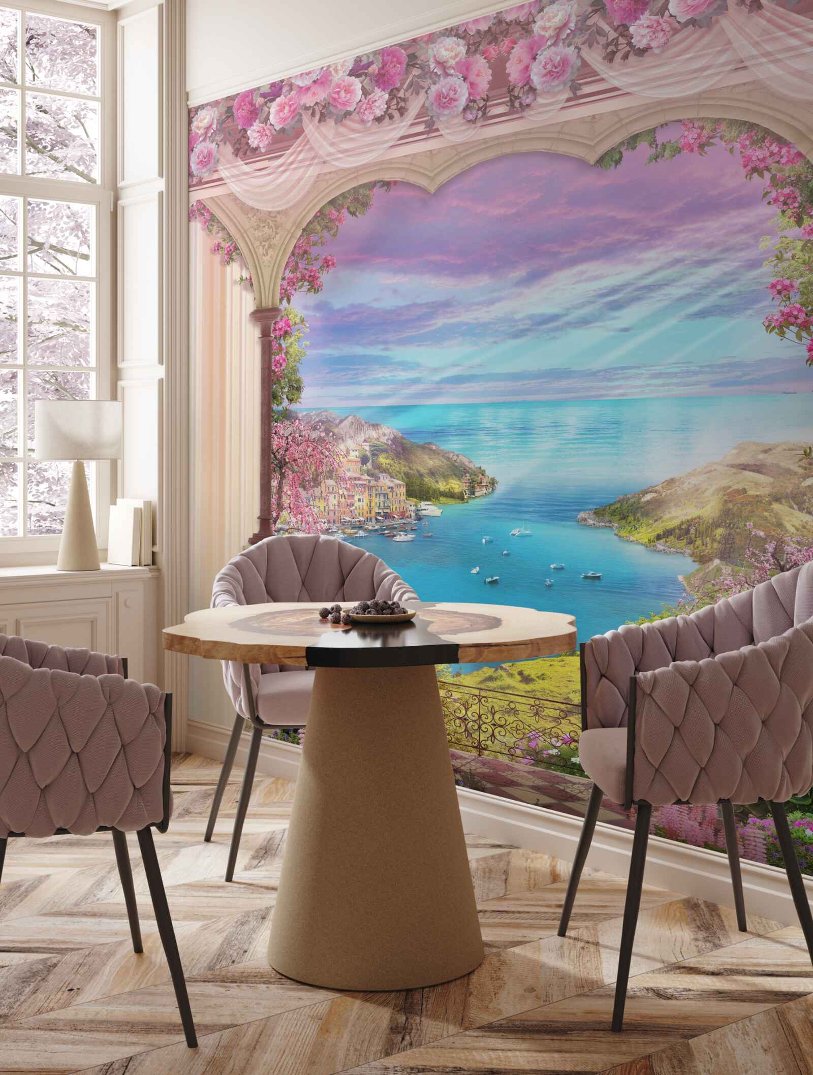 Fotobehang boog versierd met roze bloemen