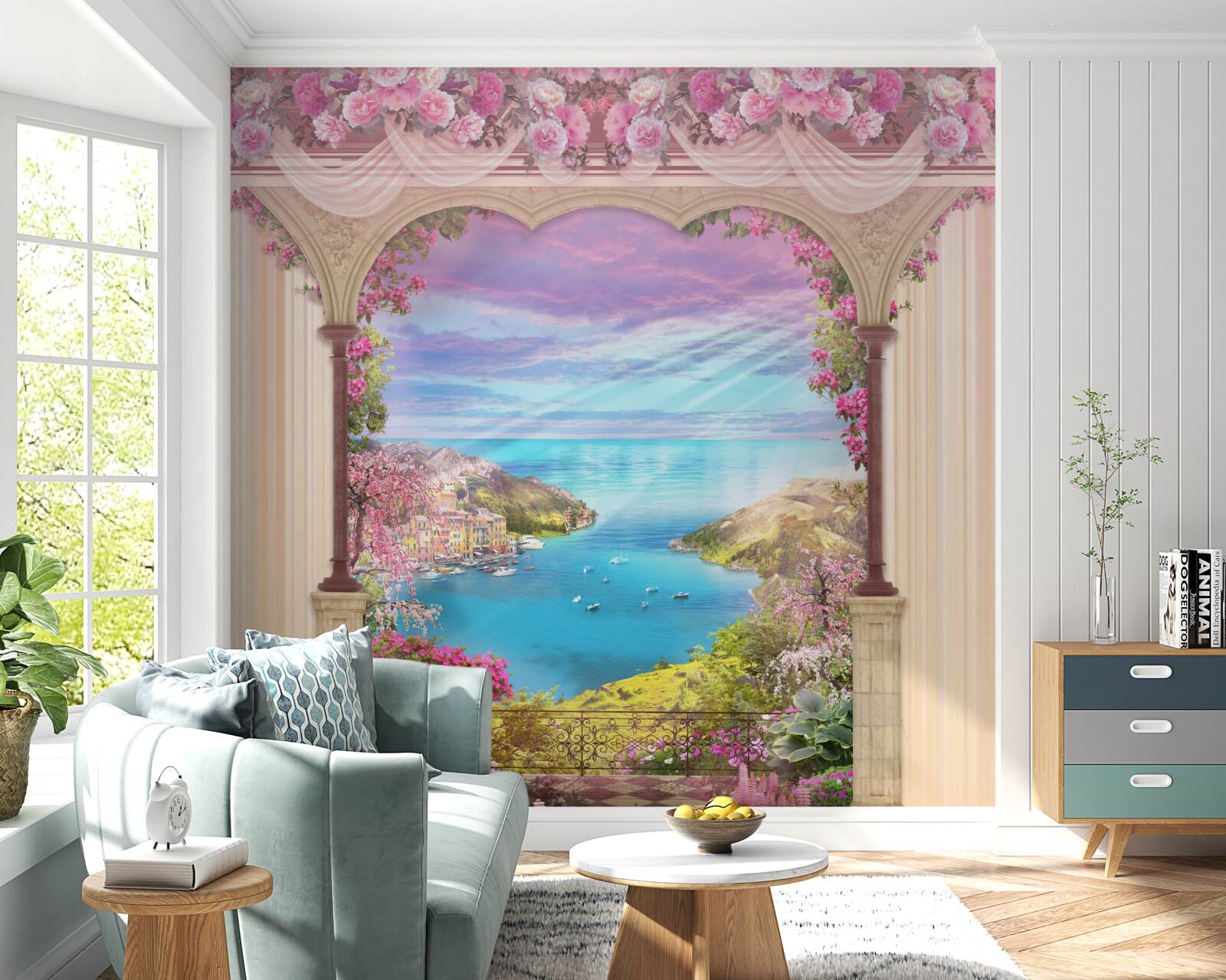 Fotobehang boog versierd met roze bloemen