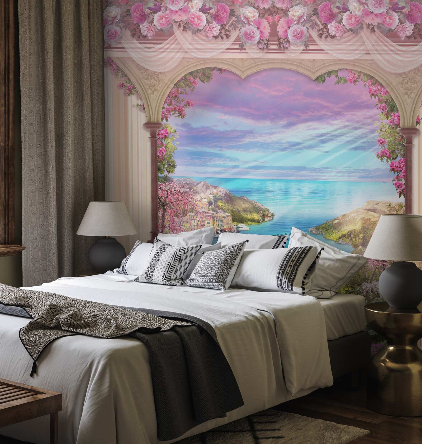 Fotobehang boog versierd met roze bloemen