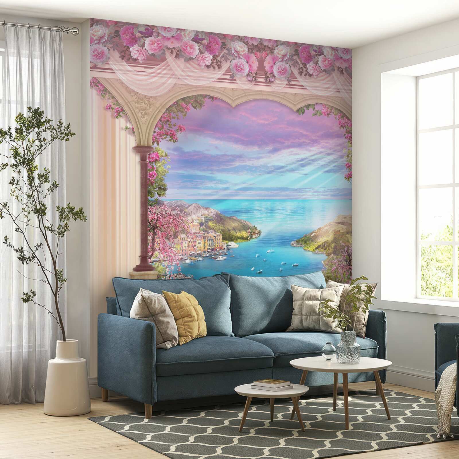 Fotobehang boog versierd met roze bloemen