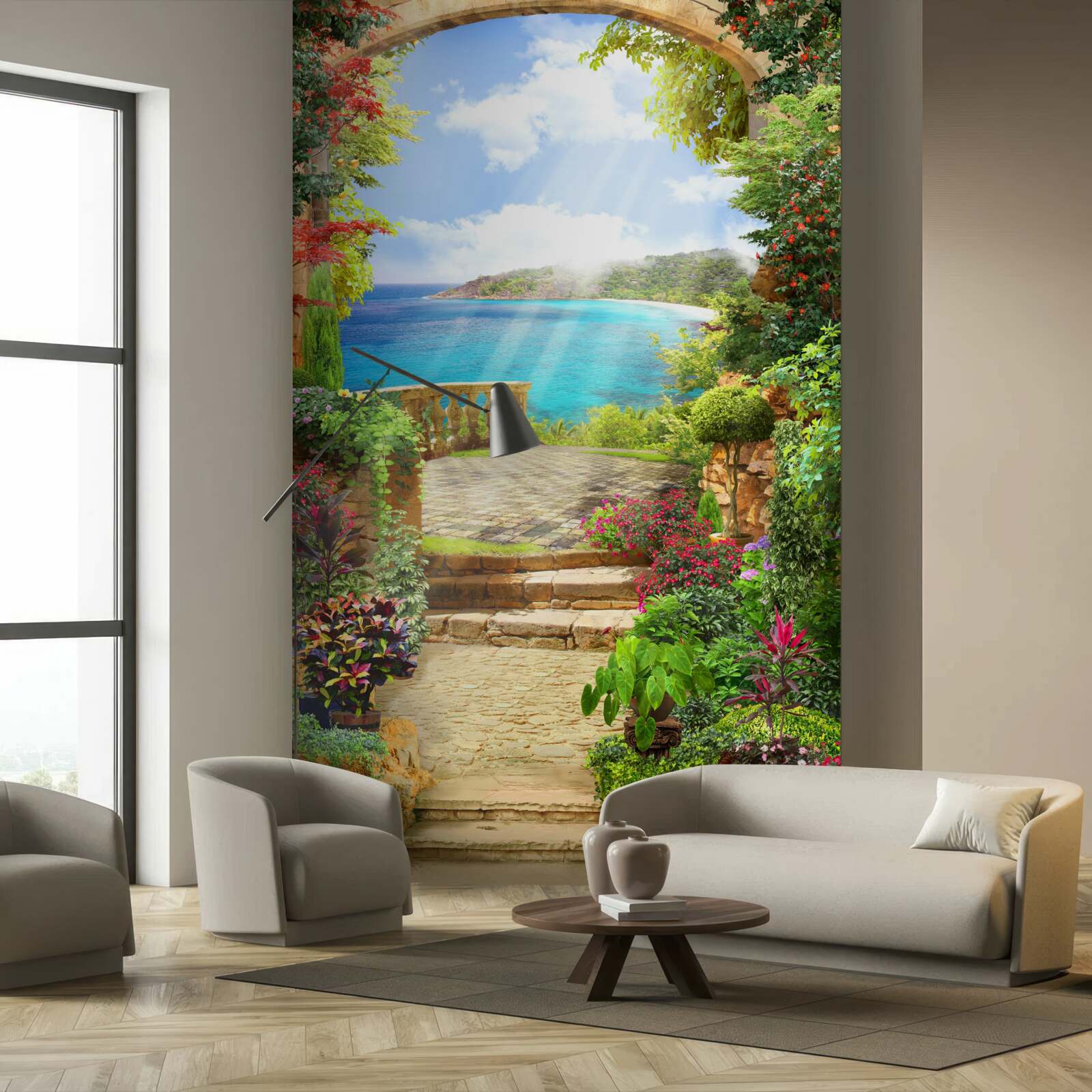 Fotobehang pad naar terras met zeezicht