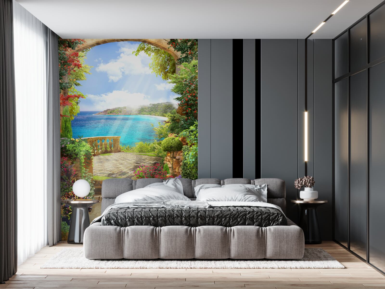 Fotobehang pad naar terras met zeezicht