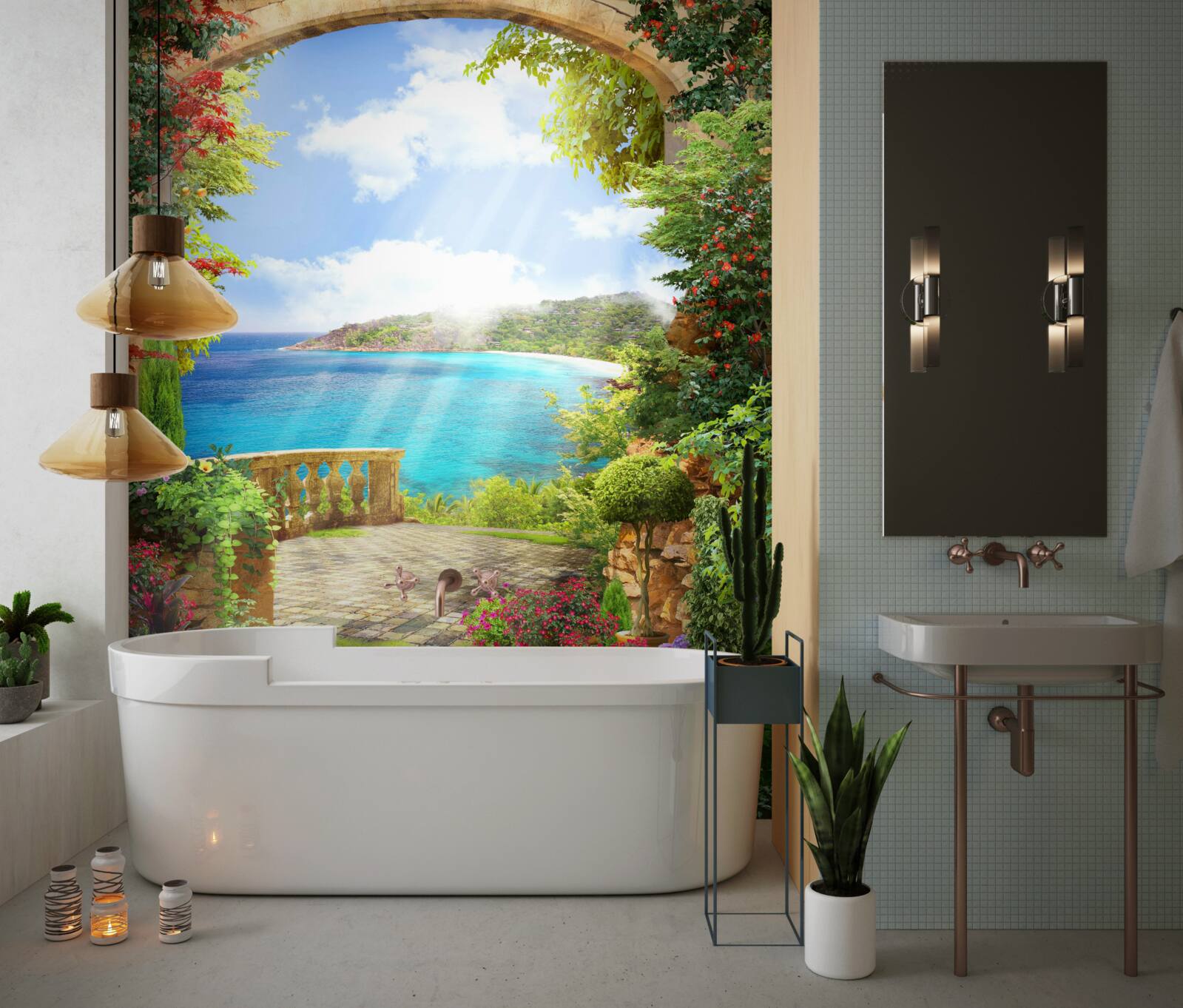 Fotobehang pad naar terras met zeezicht