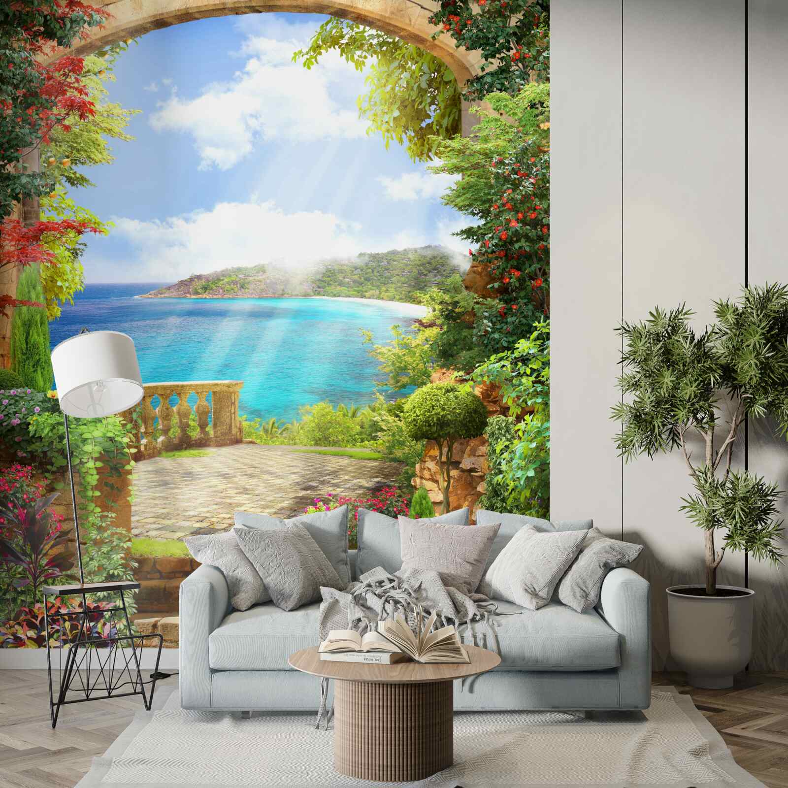 Fotobehang pad naar terras met zeezicht