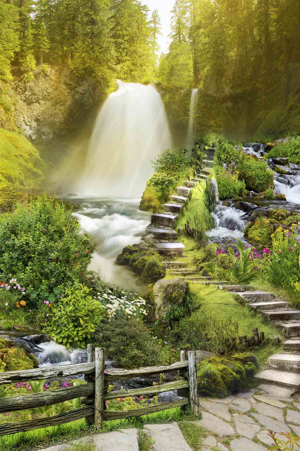 Fotobehang pad naar de waterval omgeven door groen