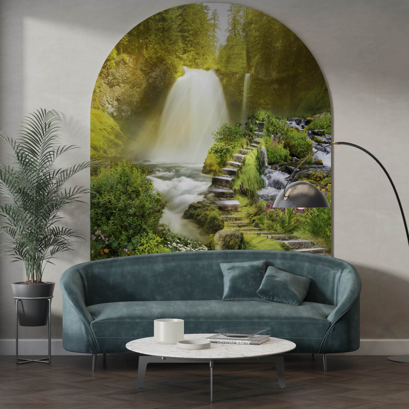 Fotobehang pad naar de waterval omgeven door groen