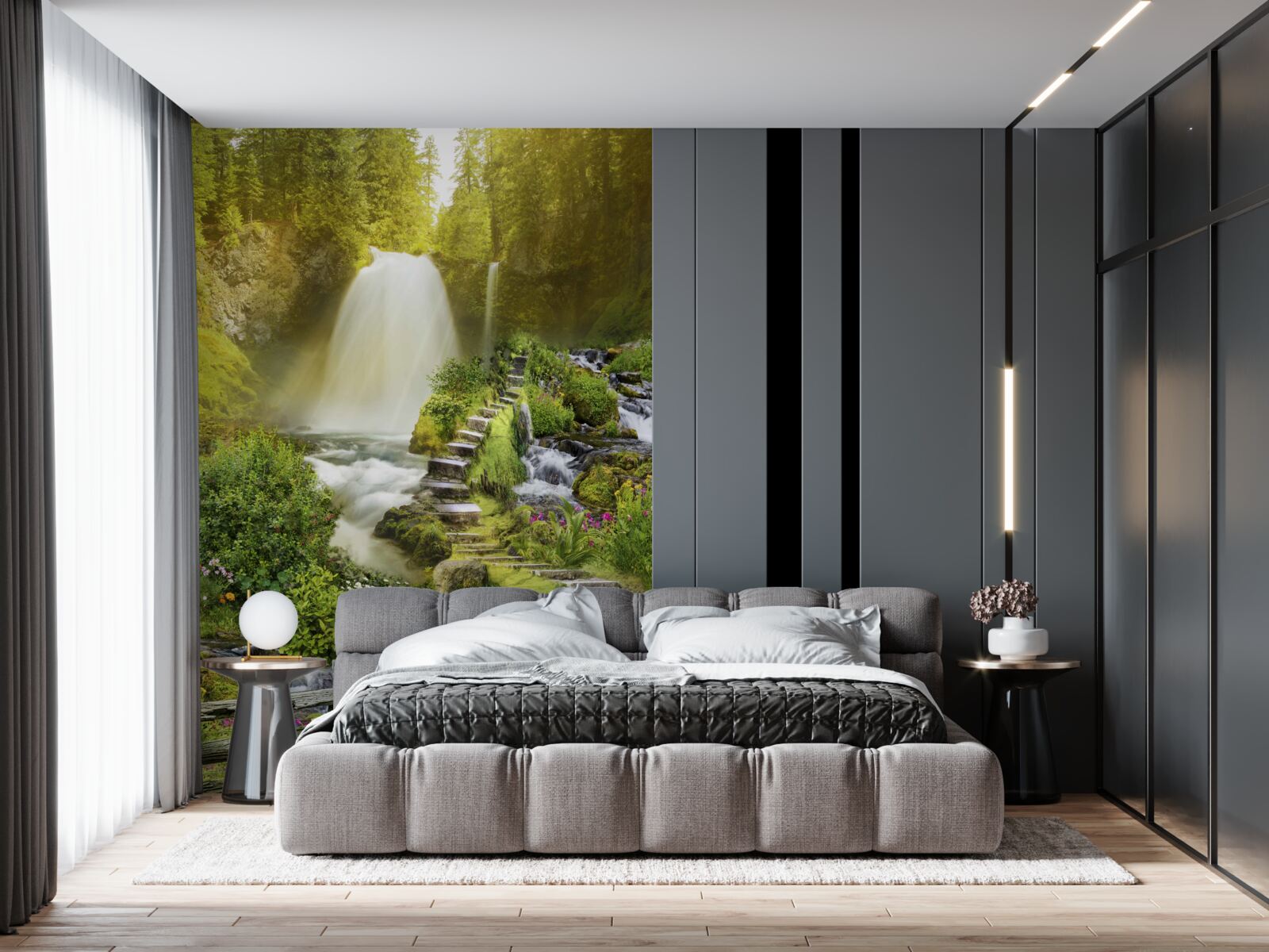Fotobehang pad naar de waterval omgeven door groen