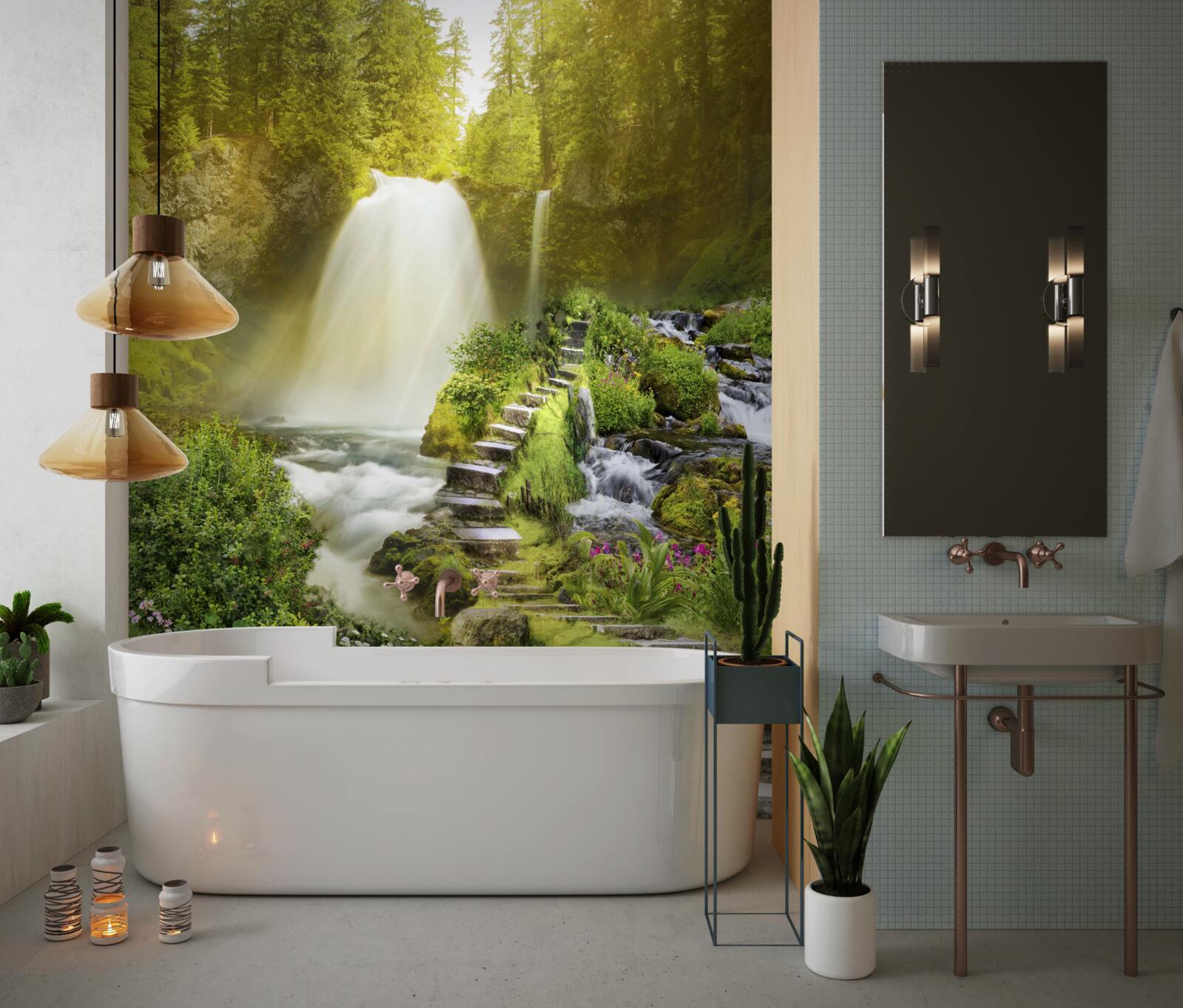 Fotobehang pad naar de waterval omgeven door groen