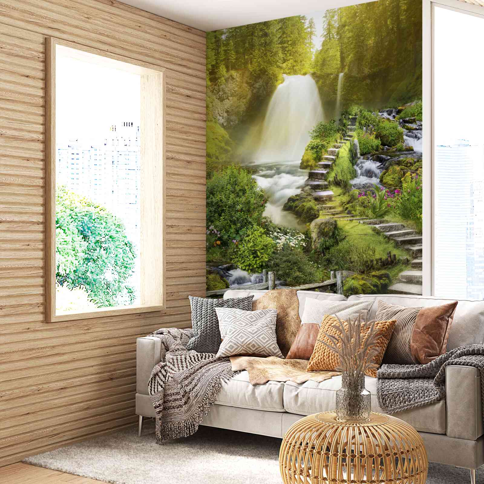 Fotobehang pad naar de waterval omgeven door groen