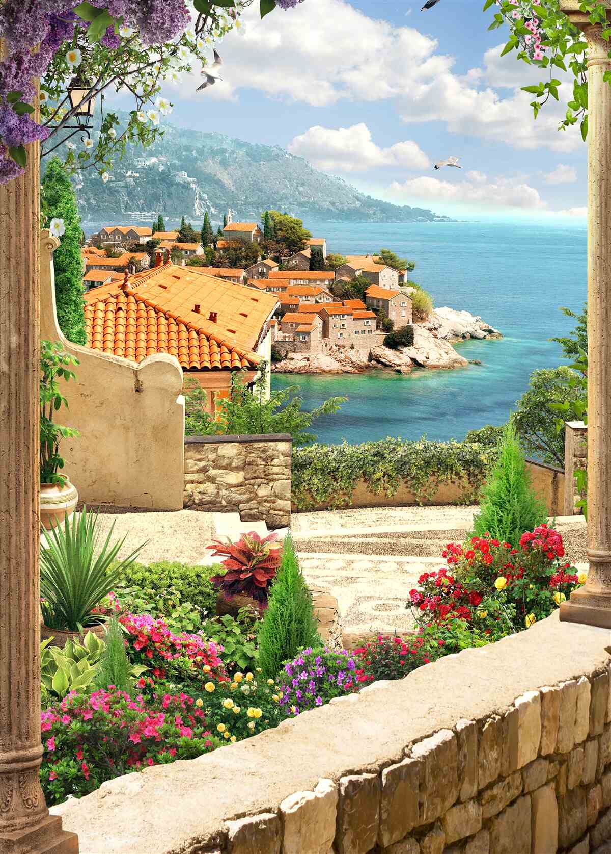 Fotobehang comfortabele binnenplaats met uitzicht op zee