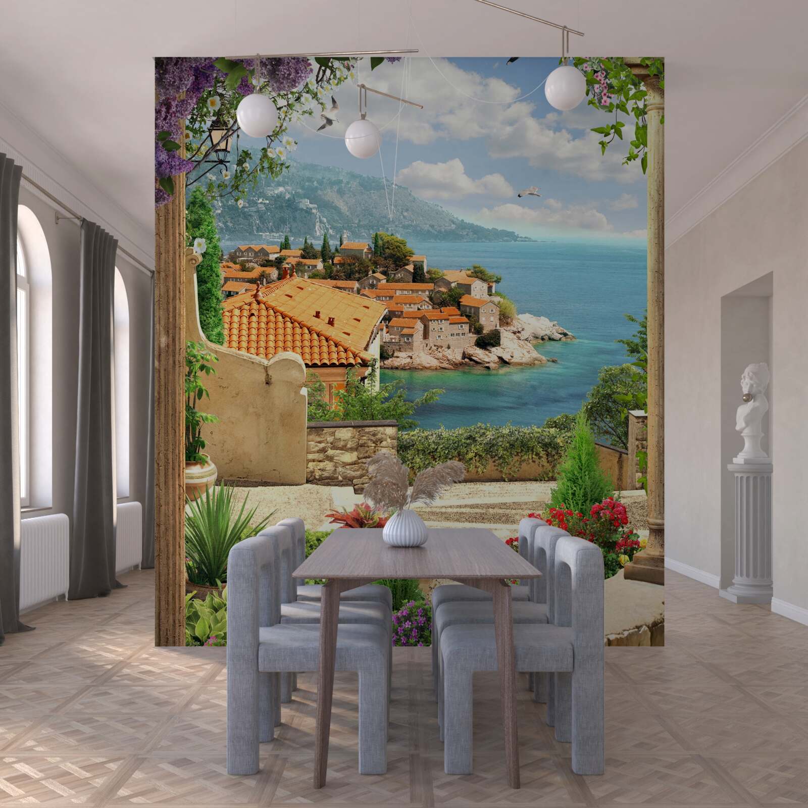 Fotobehang comfortabele binnenplaats met uitzicht op zee