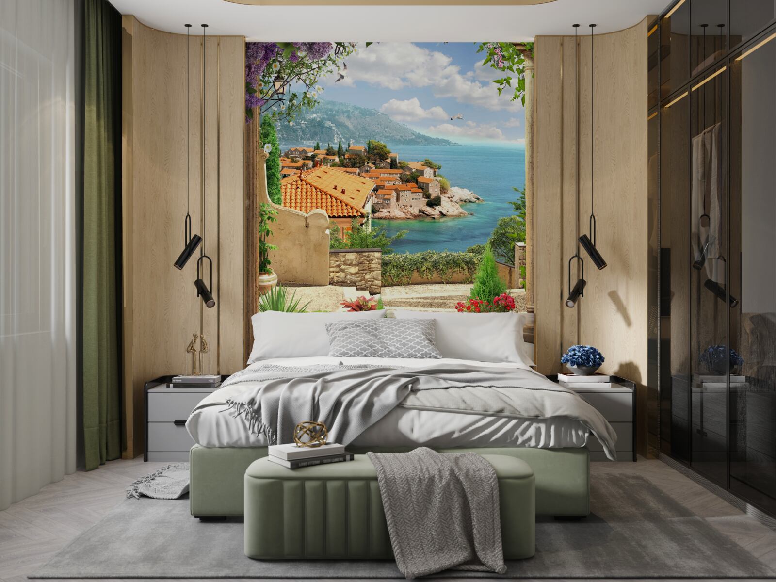 Fotobehang comfortabele binnenplaats met uitzicht op zee