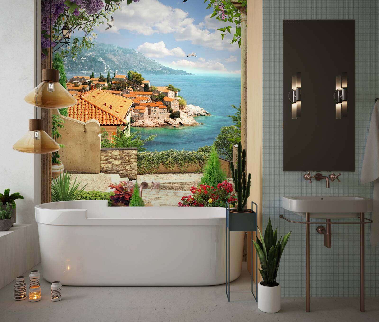 Fotobehang comfortabele binnenplaats met uitzicht op zee