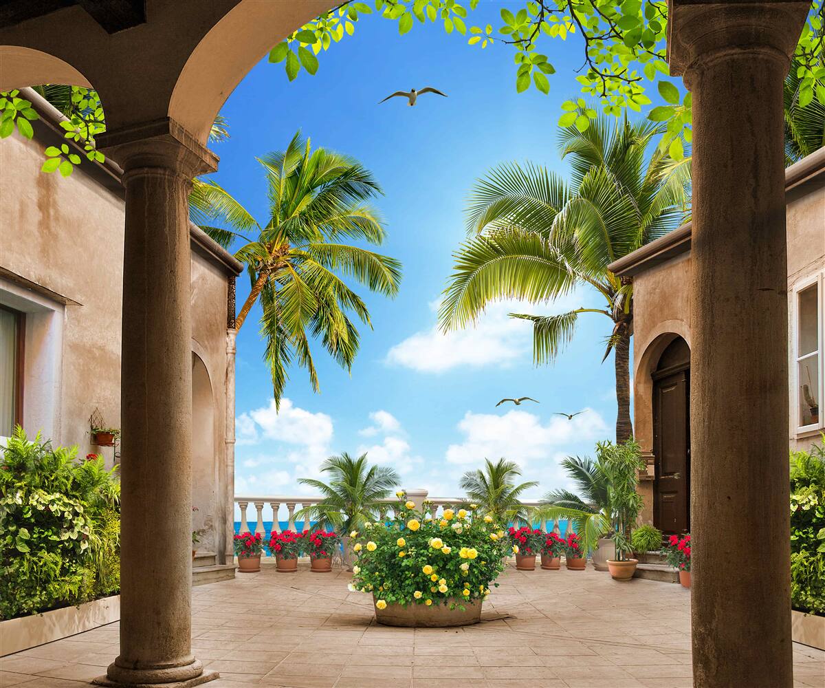 Fotobehang terras versierd met groene planten