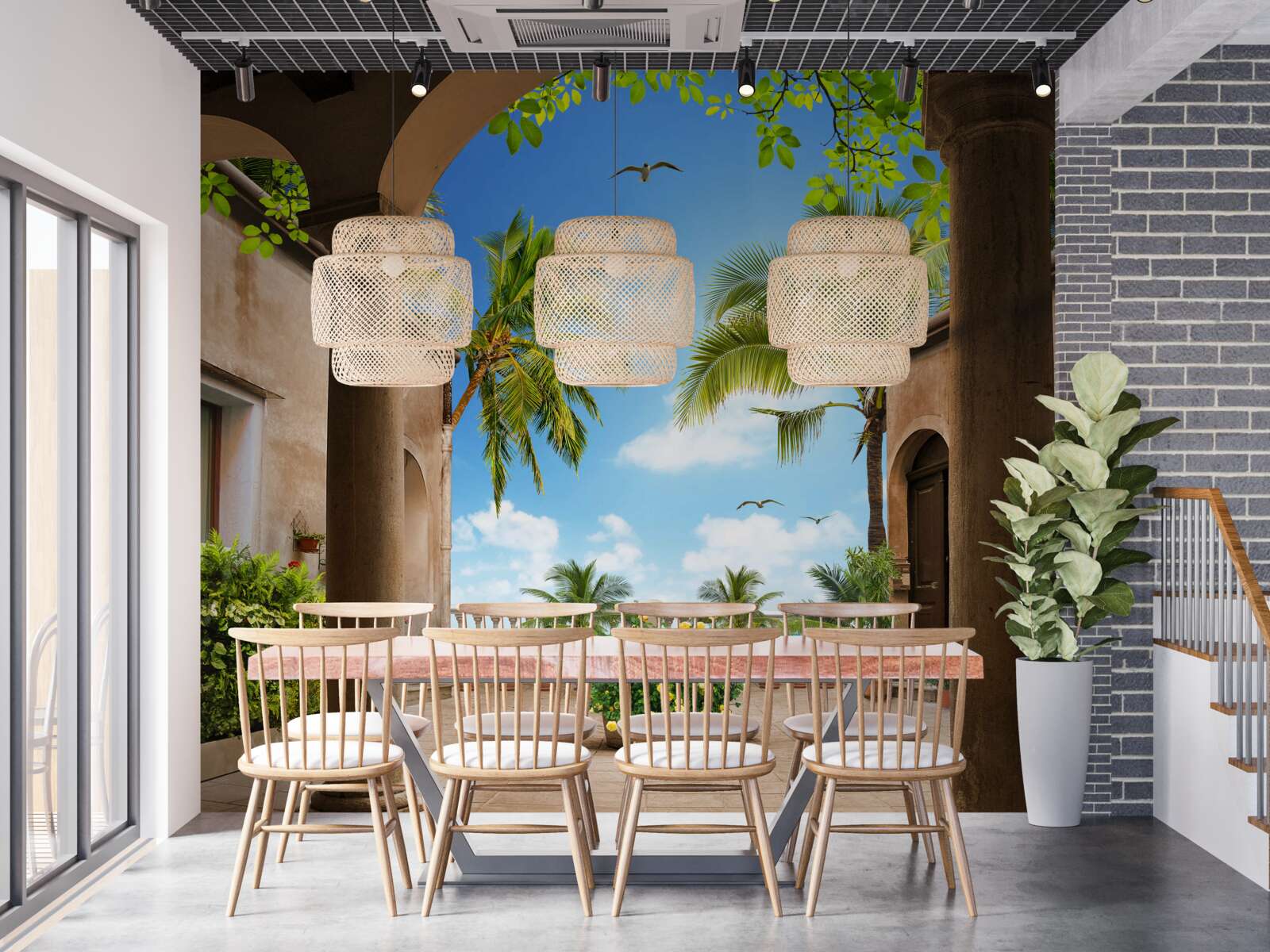 Fotobehang terras versierd met groene planten
