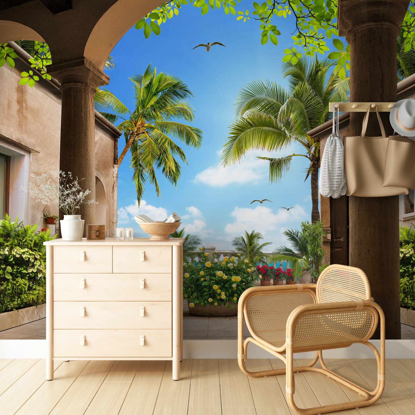 Fotobehang terras versierd met groene planten