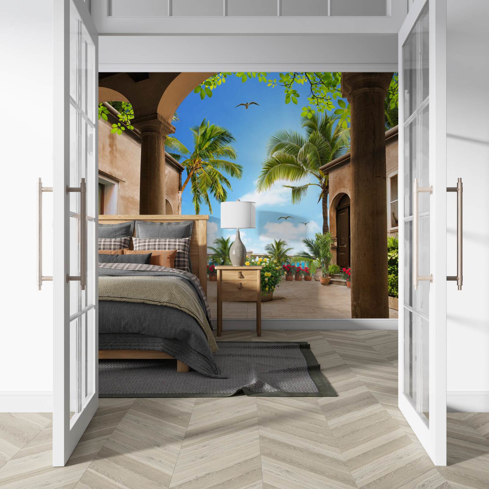 Fotobehang terras versierd met groene planten