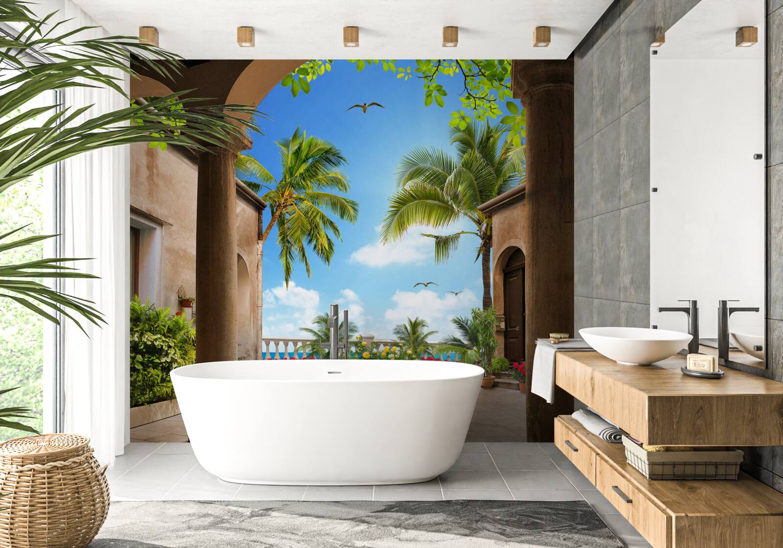 Fotobehang terras versierd met groene planten