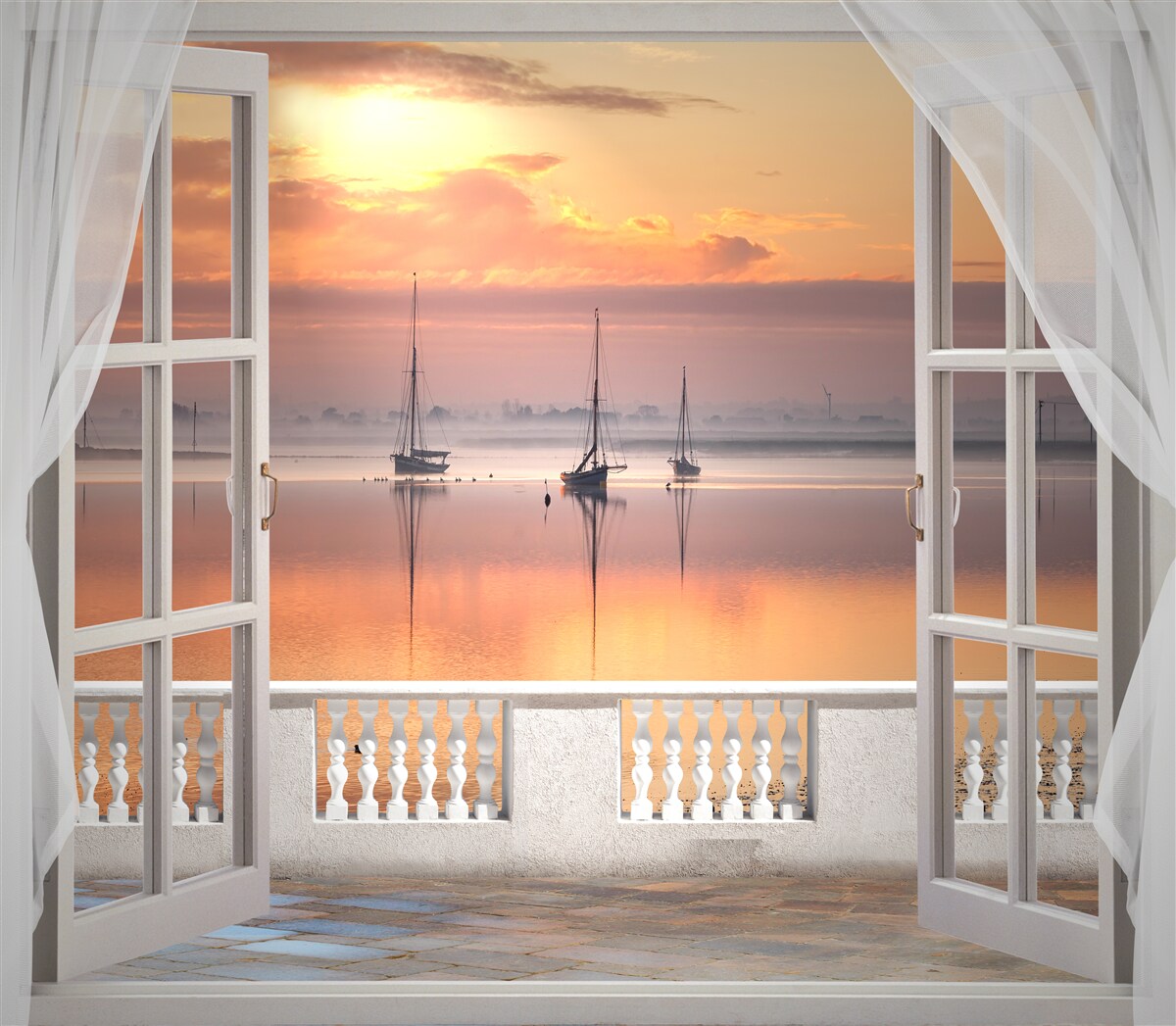 Fotobehang landschap met zonsondergang vanaf een sneeuwwit balkon