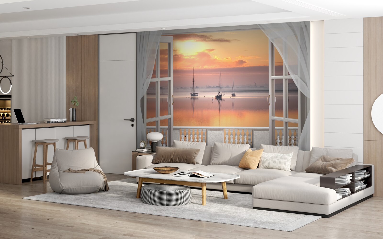 Fotobehang landschap met zonsondergang vanaf een sneeuwwit balkon