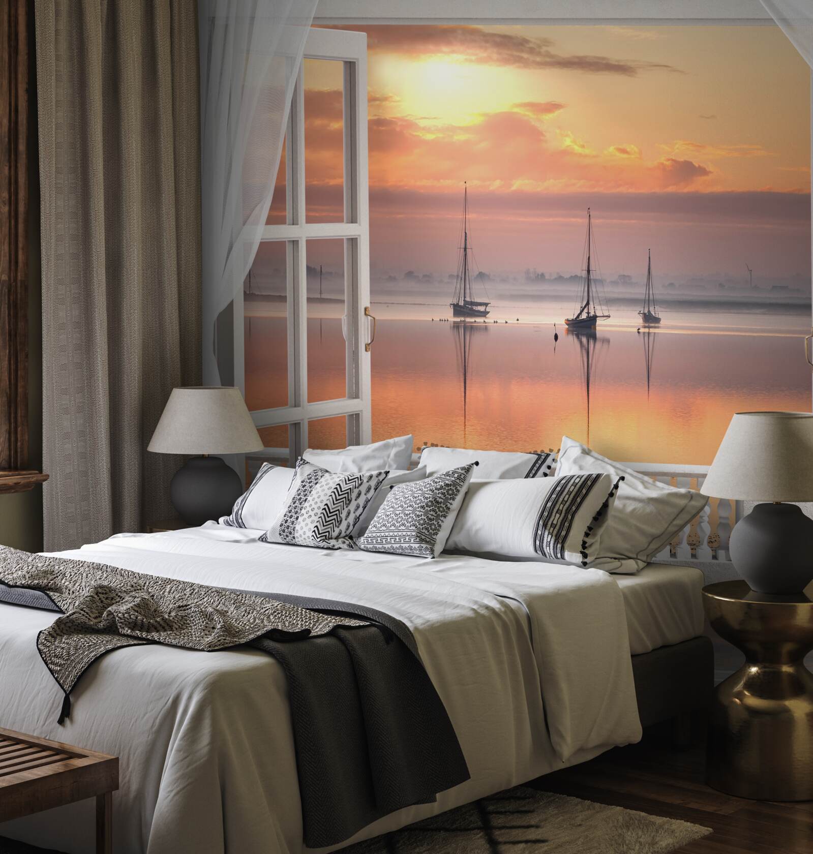 Fotobehang landschap met zonsondergang vanaf een sneeuwwit balkon