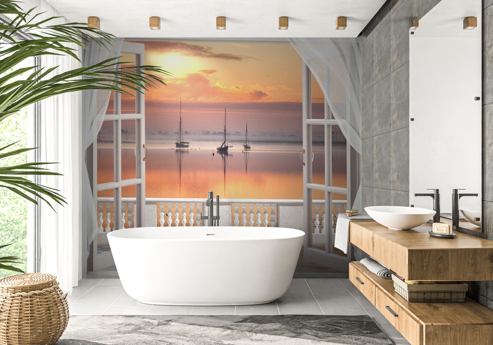 Fotobehang landschap met zonsondergang vanaf een sneeuwwit balkon