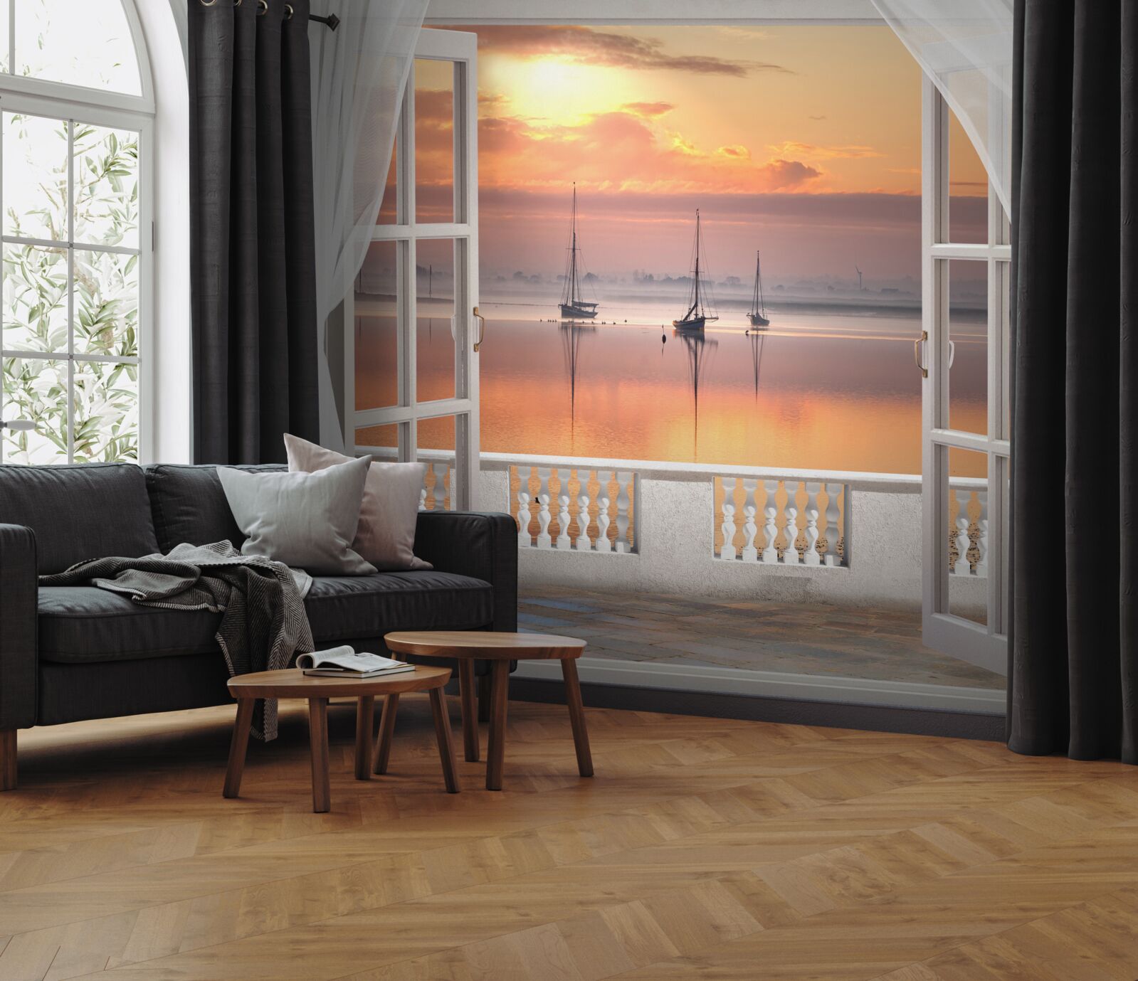 Fotobehang landschap met zonsondergang vanaf een sneeuwwit balkon